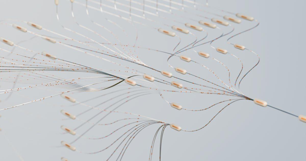 Abstract 3D render of fine threads joining through small connectors